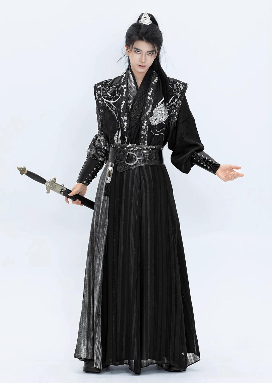 Front view of Canglan black and silver male hanfu costume with embroidered dragon cross-collar top and long pleated skirt