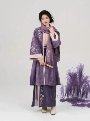Canglan Swallow Song Dynasty modern Hanfu set worn in a full body front view with dusty purple embroidered jacket and wrap skirt