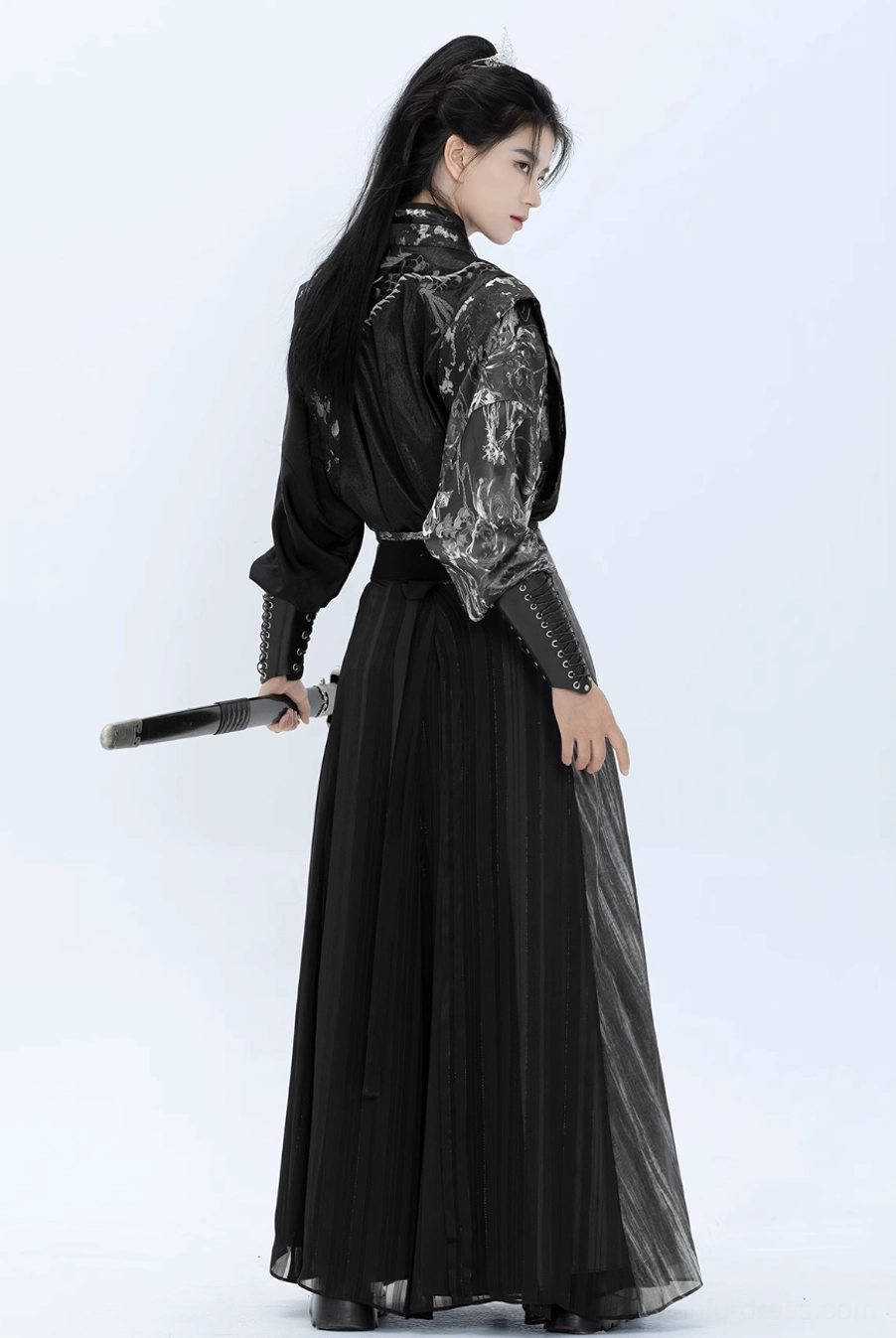 Back three-quarter view of Canglan wuxia qiyao ruqun hanfu with silver smoke embroidery and gradient side skirt panel