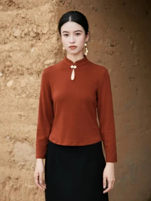 Caramel brown Chinese style fitted knit top with elegant stand collar and teardrop frog button accent