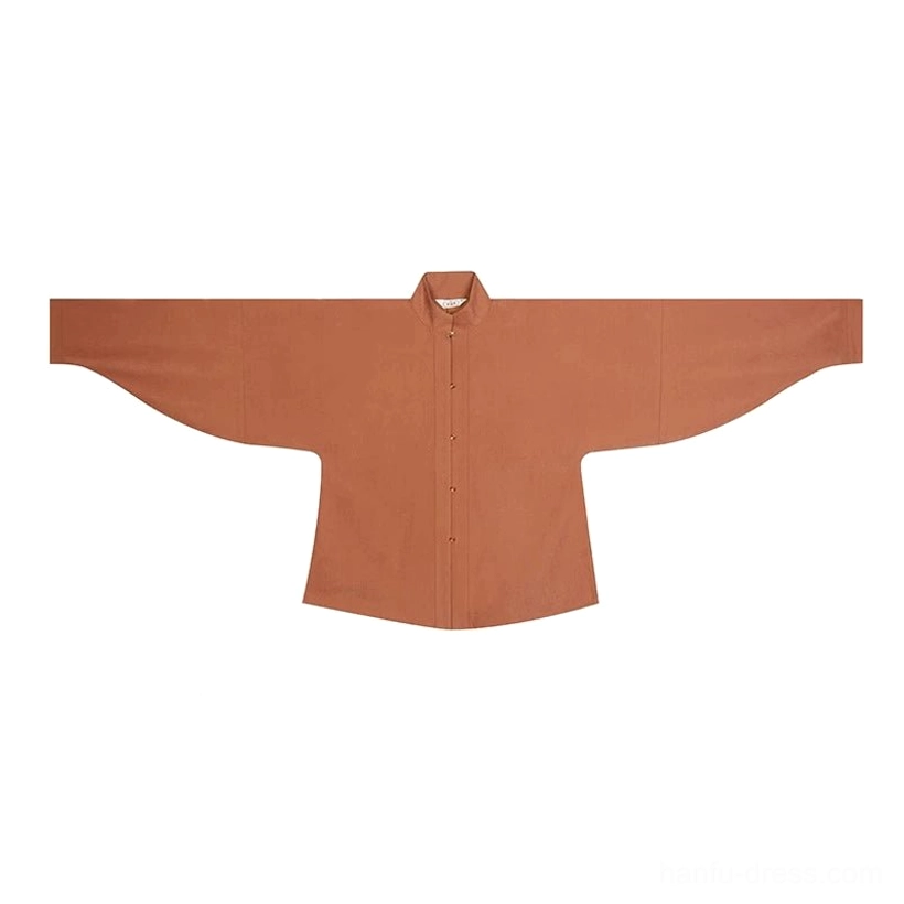 Flat lay of a caramel brown Hanfu winged-sleeve inner top with traditional stand collar wide sleeves and concealed front buttons