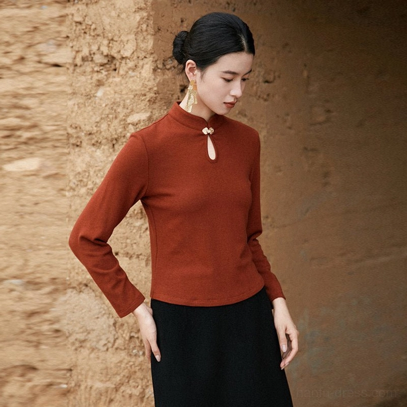 Three quarter view of caramel brown Modern Hanfu knitted top with minimal teardrop collar ornament