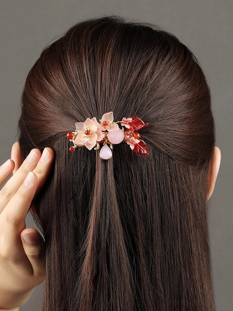 Carmine pink floral Chinese hanfu back hair pin worn on half-up brown hair with red beads and pink teardrop pendant
