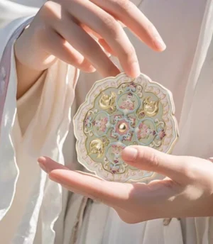 Hand holding celadon floral Chinese hand mirror beside beige Hanfu sleeve, showing the portable compact size and traditional-inspired ornament