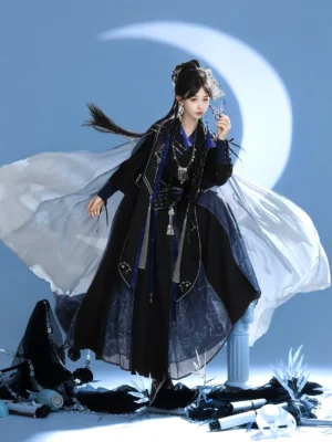 Modern Chinese assassin Hanfu outfit with open flowing cloak, layered gradient skirt, silver waist ornaments, and dramatic fantasy silhouette