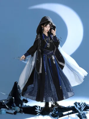 Celestial Aegis modern assassin Hanfu set with black and royal blue hooded cloak, silver details, crescent moon fantasy styling, and flowing skirt