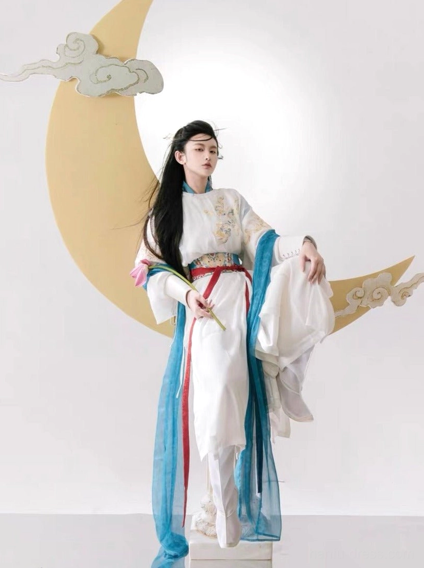 Celestial God of War xianxia hanfu costume full body three quarter view with white robe blue flowing drapery and red waist sash