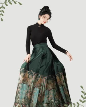 Dark green Ming Dynasty inspired Celestial Realm mamianqun horse face skirt worn with black mock neck top, front three quarter full body view
