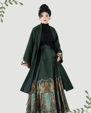 Celestial Realm dark green Ming style Hanfu outfit showing mamianqun horse face skirt with celestial landscape hem and embroidered long coat styling