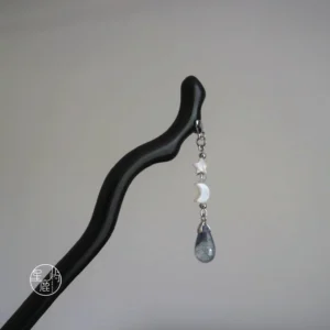 Celestial star and moon Chinese hair stick with black wooden body, silver chain, crescent moon, star and clear teardrop dangling charms
