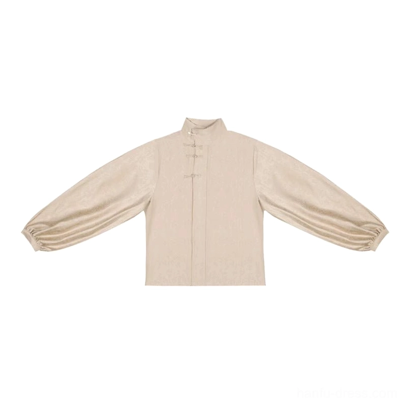 Champagne apricot stand-collar hanfu blouse with frog buttons lantern sleeves and subtle woven jacquard texture flat lay
