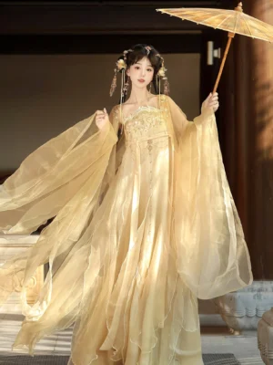 Champagne gold Tang-style Qixiong Ruqun hanfu dress shown in a dynamic side view with sheer flowing fabric, wide organza sleeves, embroidered bodice, waist ornament, and traditional yellow oil-paper umbrella