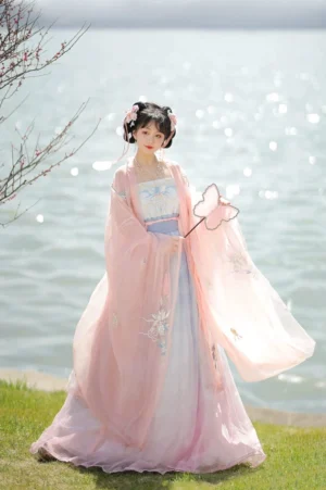 Pink Tang Dynasty Hanfu heziqun dress complete set with sheer large sleeve outer coat floral details and butterfly fan