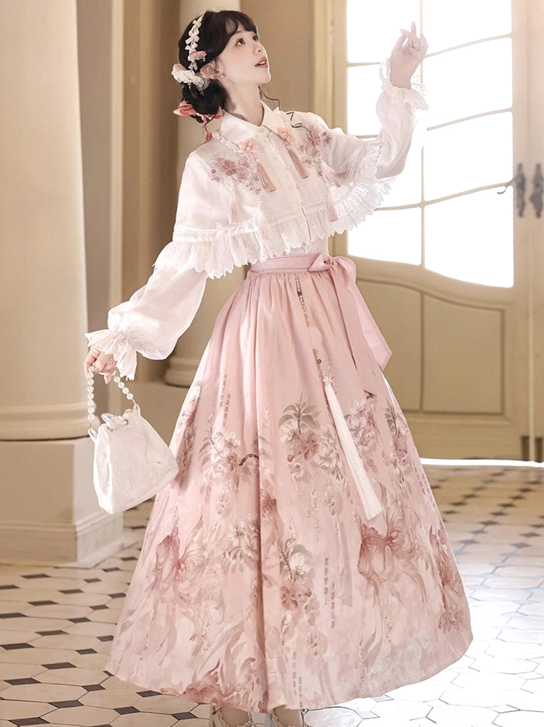 Cherry blossom themed modern Hanfu fashion set with lace trimmed bishop sleeves embroidered blouse and full length pink floral skirt