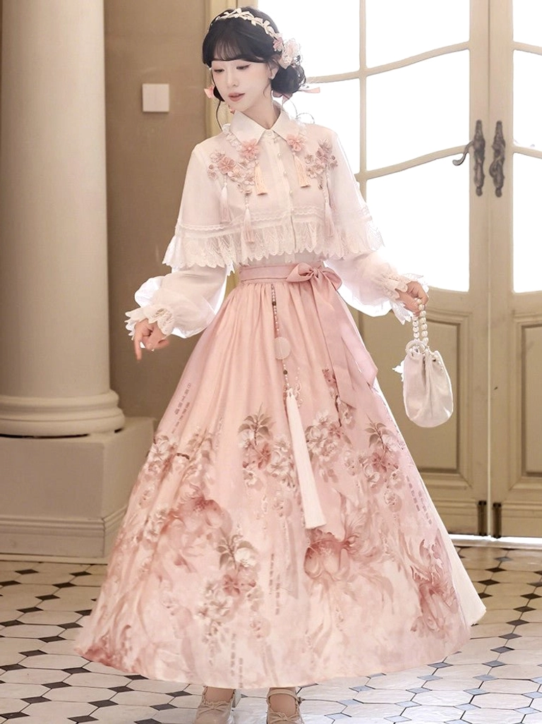 Cherry Blossom Rain Hanfu inspired Lolita outfit with embroidered white top pink sakura print skirt pearl handbag and flower hair accessories