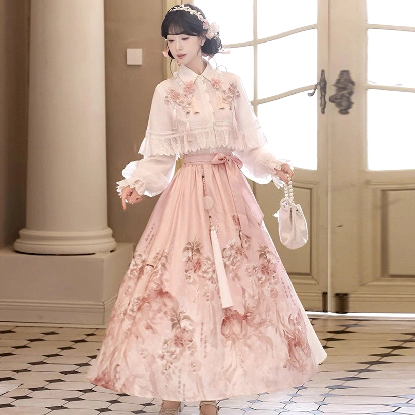 Full Cherry Blossom Rain modern Hanfu set with white floral embroidered top pink printed skirt shawl and pearl flower headband