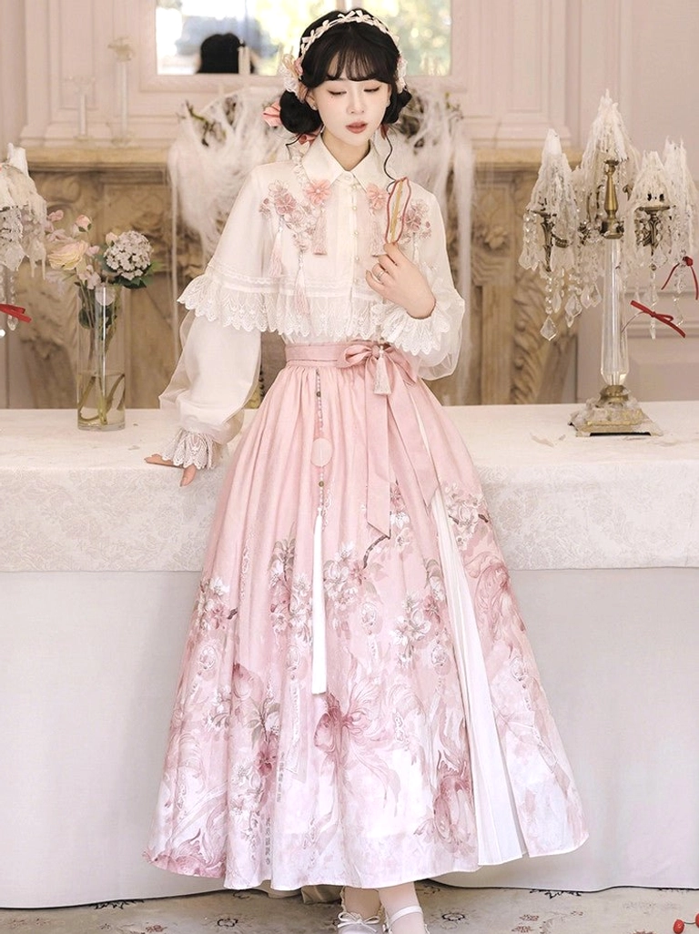 Cherry Blossom Rain pink and white modern Hanfu set featuring floral embroidered blouse high waist skirt pleated side panel and tassel pendant