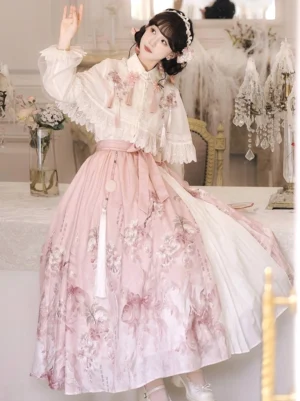 Cherry Blossom Rain modern Hanfu set with white embroidered ruffle blouse and high waisted pink floral skirt in an elegant vintage interior