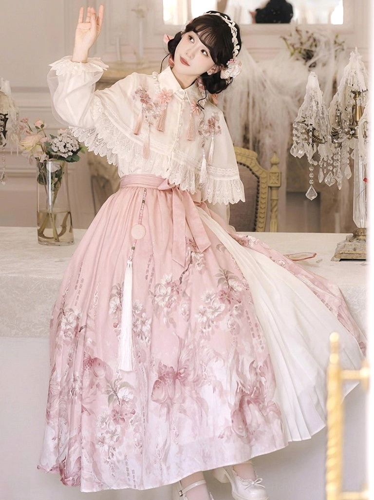 Cherry Blossom Rain modern Hanfu set with white embroidered ruffle blouse and high waisted pink floral skirt in an elegant vintage interior