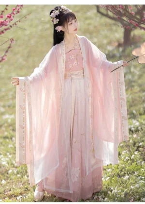 Cherry blossom Song Dynasty qiyao ruqun hanfu set front view with pink gradient skirt and flowing wide sleeves
