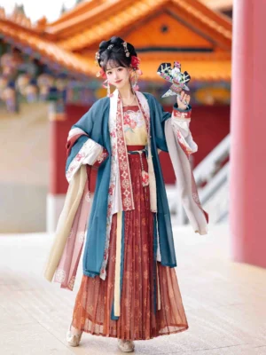 Front full-body view of Cherry Lips Song Dynasty style Qiyao Ruqun Hanfu with teal pleated skirt, brick red beizi coat, embroidered camisole, traditional pendant, and paper kite in an ancient Chinese palace courtyard