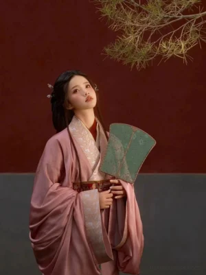 Half-body seated view of cherry pink Han Dynasty straight-hem Hanfu with embroidered collar, brown decorative waist belt, traditional hairstyle, and green silk fan