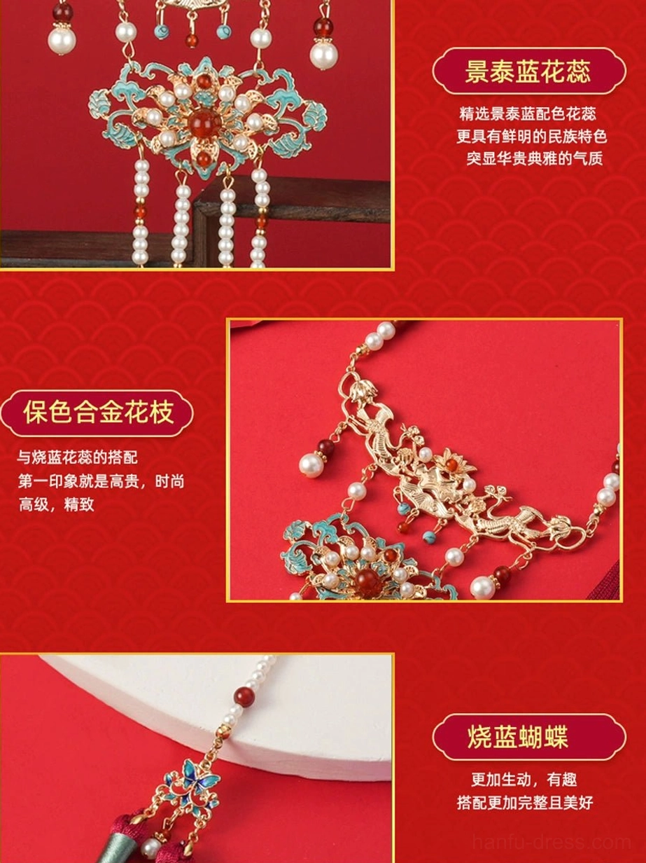 Close-up details of Chinese bridal necklace featuring cloisonne flower stamens gold alloy branches enamel butterfly decorations and red tassel