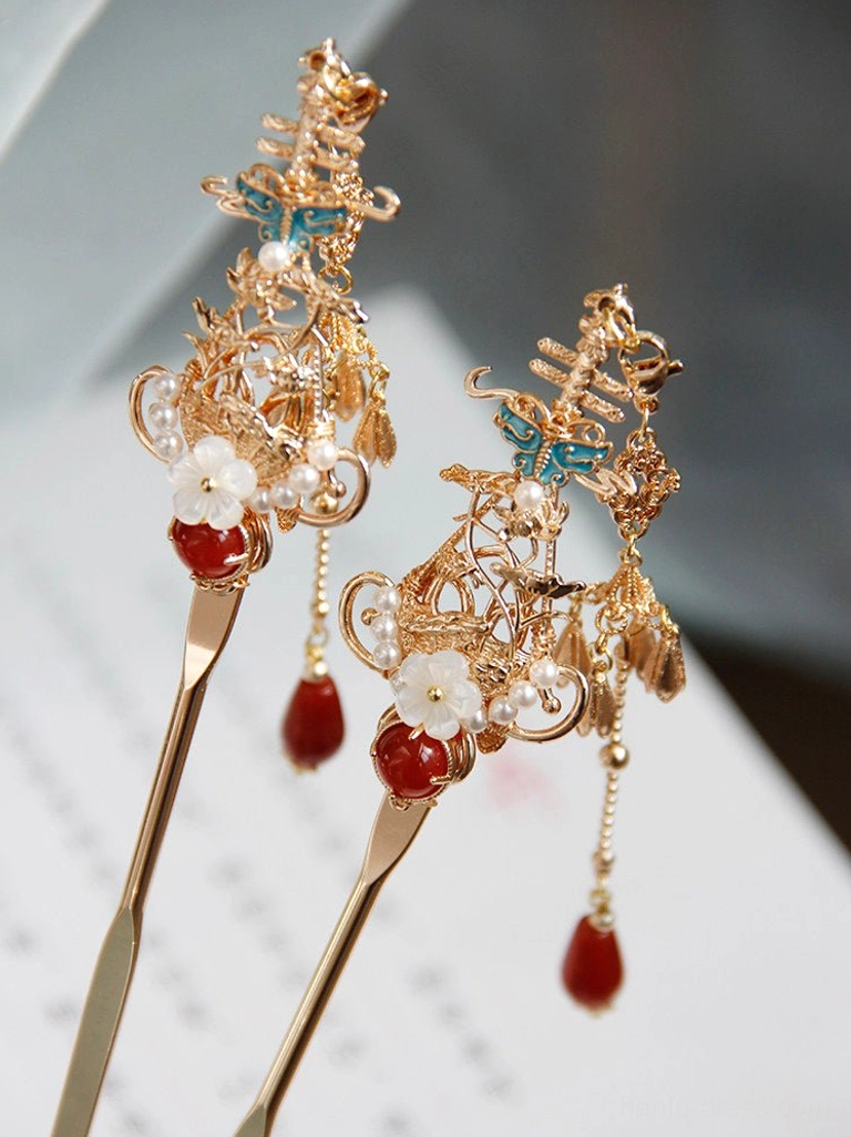Chinese decorative hair stick with red agate inlay, white shell flower, blue enamel butterfly and layered red teardrop tassels