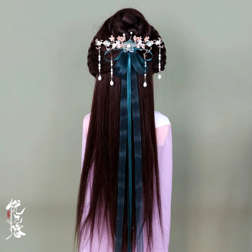 Chinese hanfu back hair pin with elegant ribbon streamer, decorative flowers, and crystal tassel pendants for hair