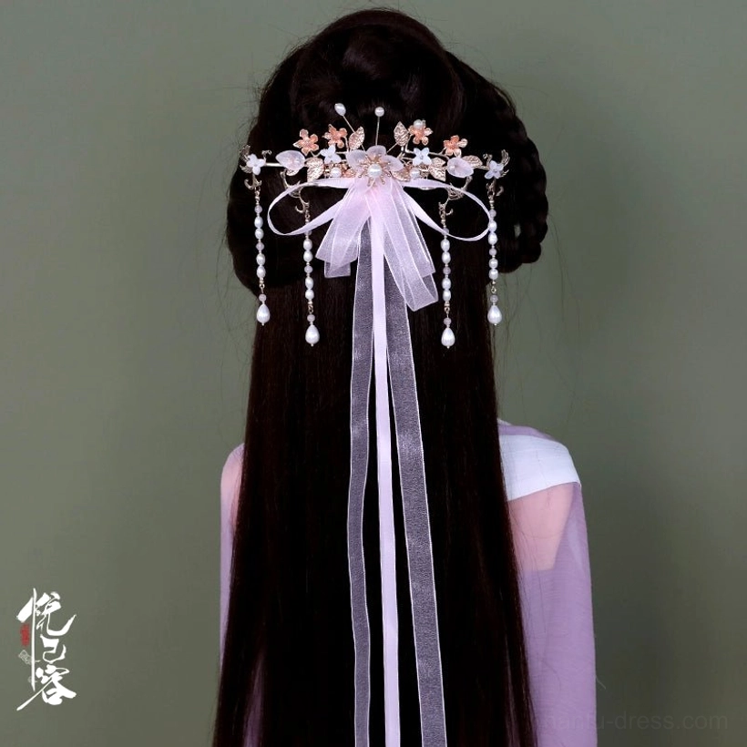 Chinese hanfu back hair pin with flowing ribbon, floral accents, and crystal tassels for traditional hairstyle styling