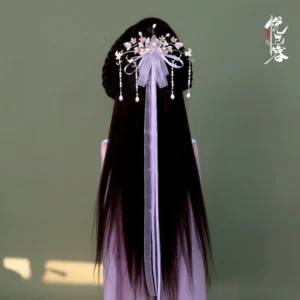 Purple Chinese hanfu back hair pin with long sheer ribbon, pink floral decorations, and crystal tassels styled on long hair