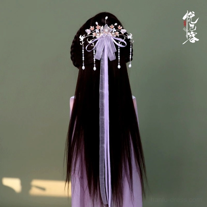 Purple Chinese hanfu back hair pin with long sheer ribbon, pink floral decorations, and crystal tassels styled on long hair