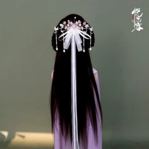 White Chinese hanfu back hair pin with flowing sheer ribbon, pink flowers, and sparkling crystal tassel pendants