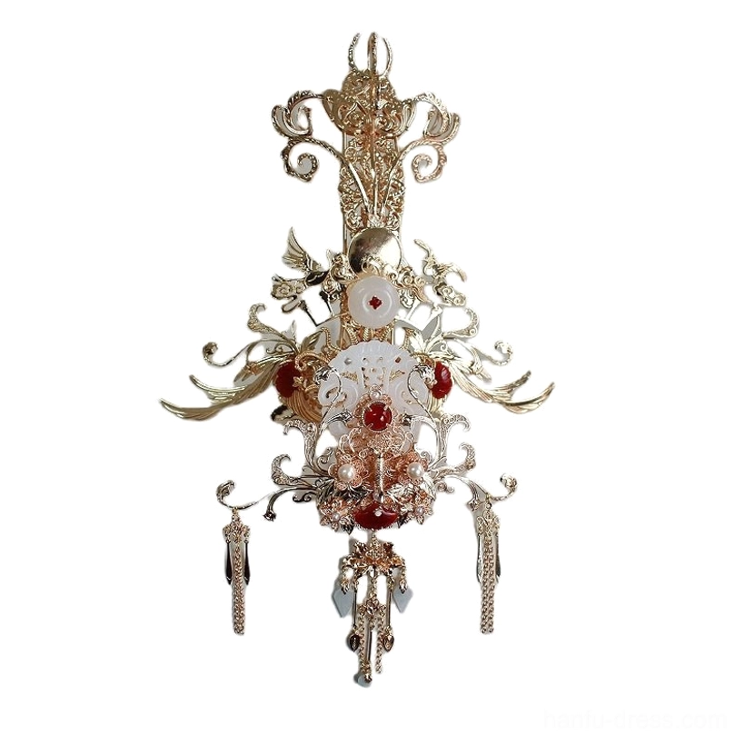 Central Chinese hanfu crown hair accessory shown on a white background with gold filigree white jade-inspired accents red beads green details and layered tassels