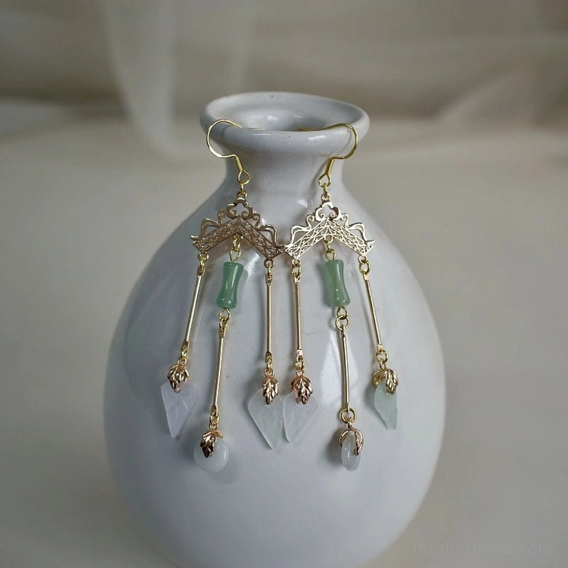 Pair of Chinese hanfu tassel earrings with gold filigree frames green jade-inspired pendants and geometric drop-shaped decorative ornaments