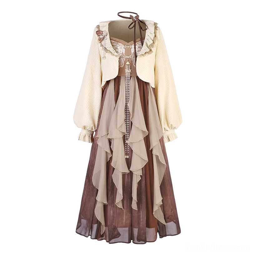 Front hanging view of a matching Chinese inspired slip dress and cropped cardigan two-piece set with halter tie and layered chiffon skirt