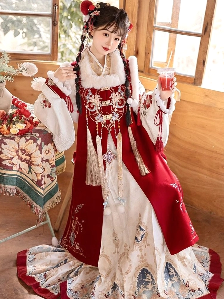 Side-back view of a festive Chinese New Year hanfu outfit showing the flowing printed mamian skirt, red hem trim, embroidered vest, fur collar, tassels, and pom-pom ornaments