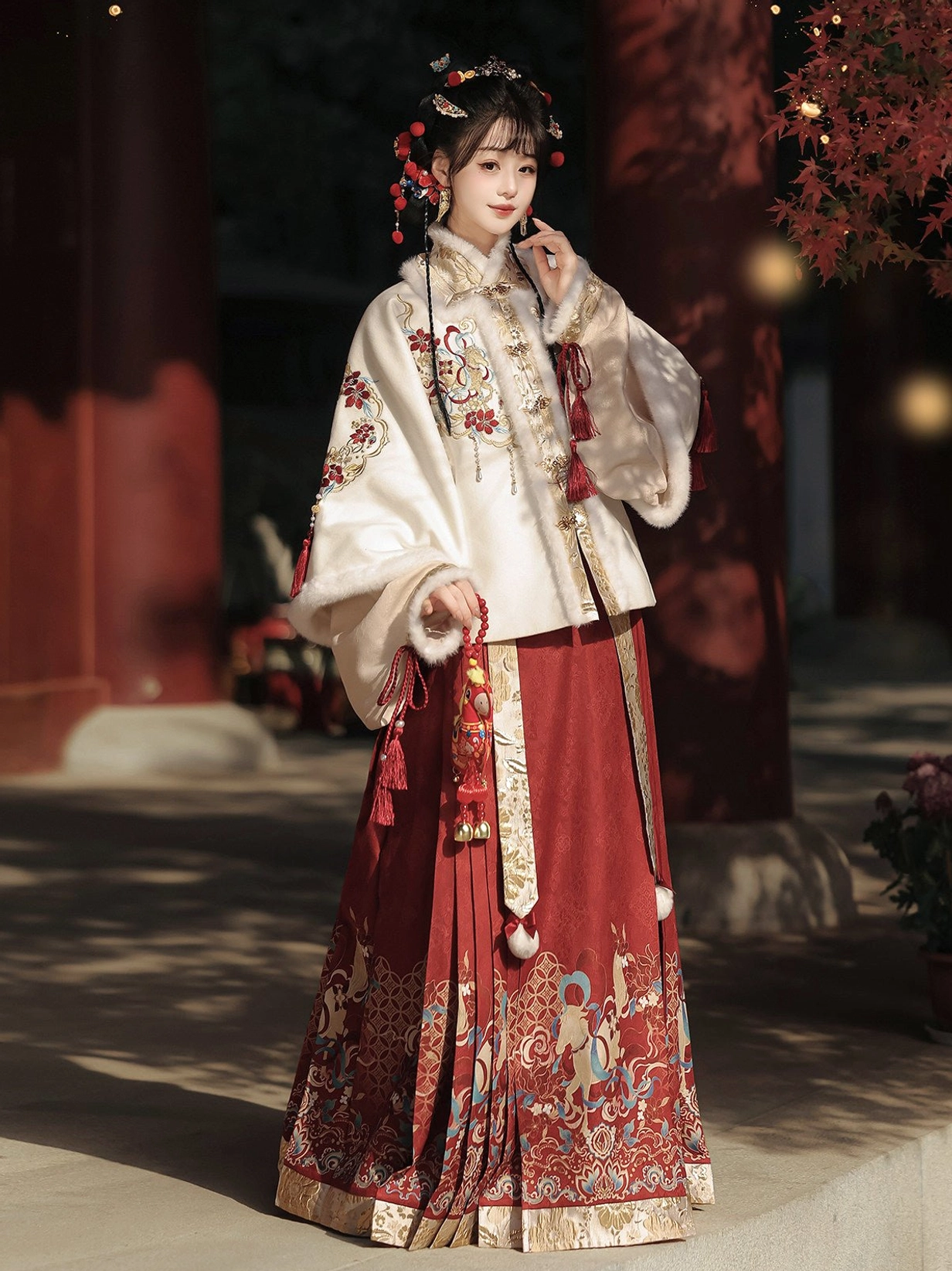 Ming-inspired Hanfu Chinese New Year outfit side profile showing flared embroidered sleeves and traditional layered silhouette