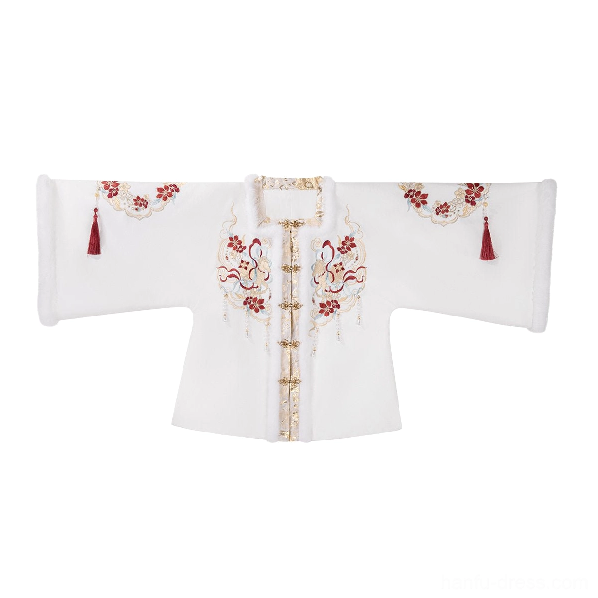 Ivory embroidered Hanfu coat flat lay with gold-tone buttons red tassel pendants and floral details for Lunar New Year styling