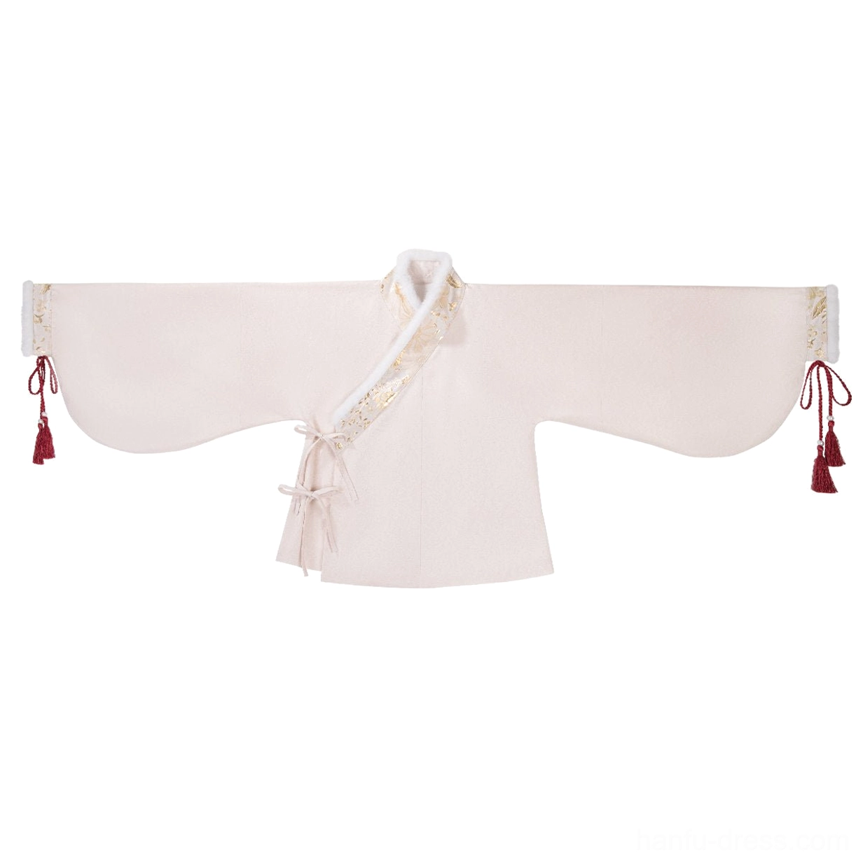 Interior flat lay of ivory pipa sleeve Hanfu top with front tie straps and red tassel trim for Chinese New Year outfit