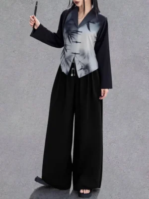 Full front view of a Chinese-style ink bamboo long sleeve top featuring a notched lapel, black contrast sleeves, frog buttons, and elegant modern Hanfu styling