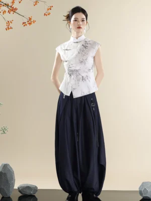 Chinese style ink wash bamboo print stand collar top with high waisted dark denim wide leg pants