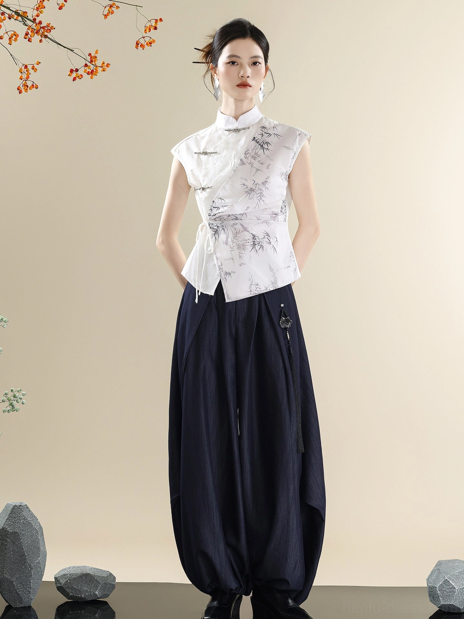 Chinese style ink wash bamboo print stand collar top with high waisted dark denim wide leg pants