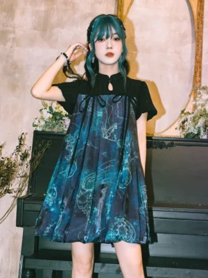 Chinese style jellyfish print short dress showing mandarin collar hollow detail black front drawstrings and relaxed silhouette