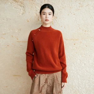 Half-body view of a Chinese style 100 percent wool knitted sweater with ribbed texture, mock neck, and decorative frog fasteners