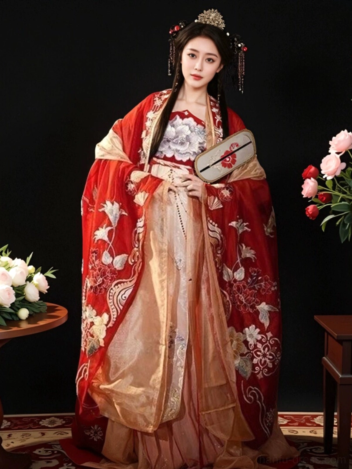 Chinese Tang Dynasty bridal hanfu with peony embroidered red wide sleeve robe, champagne dress, silk fan, and ornate wedding hair accessories