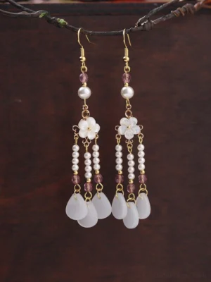 Chinese vintage flower tassel earrings with gold hooks white faux pearls purple beads floral charms and layered teardrop pendants