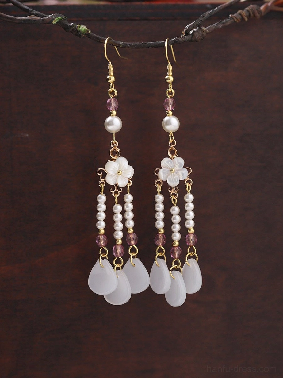 Chinese vintage flower tassel earrings with gold hooks white faux pearls purple beads floral charms and layered teardrop pendants
