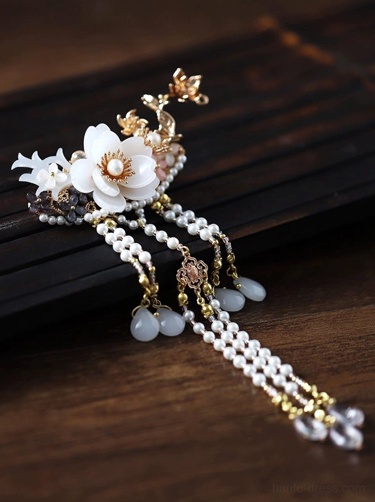 Chinese wedding hair accessory with white floral ornament pearl center mixed pearl tassels and blue-gray drop pendants