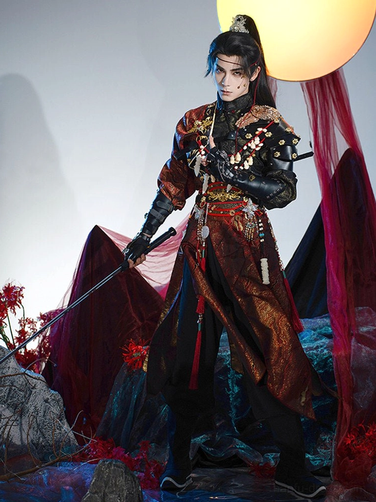 Chinese wuxia warrior hanfu set featuring a red brown jacquard robe, black pants, armored gloves, beaded waist ornaments, and a long sword